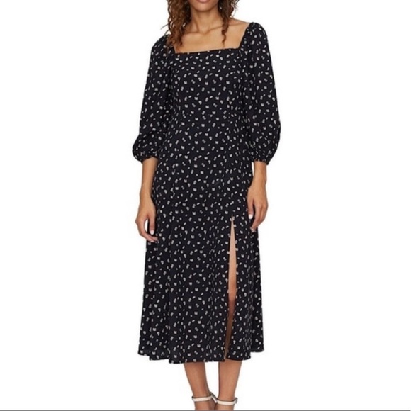 Sanctuary Black Floral Square Neck Puff Sleeve MIDI Dress - Picture 1 of 5